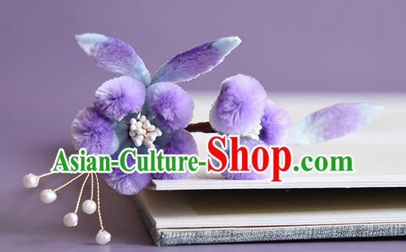 Chinese Handmade Purple Velvet Plum Blossom Hair Stick Traditional Hanfu Hairpin Headwear