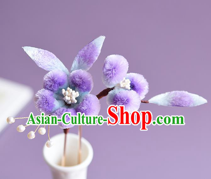Chinese Handmade Purple Velvet Plum Blossom Hair Stick Traditional Hanfu Hairpin Headwear