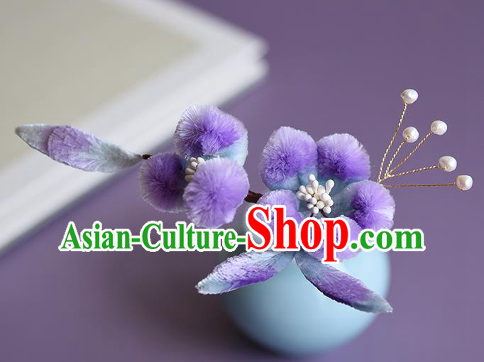 Chinese Handmade Purple Velvet Plum Blossom Hair Stick Traditional Hanfu Hairpin Headwear