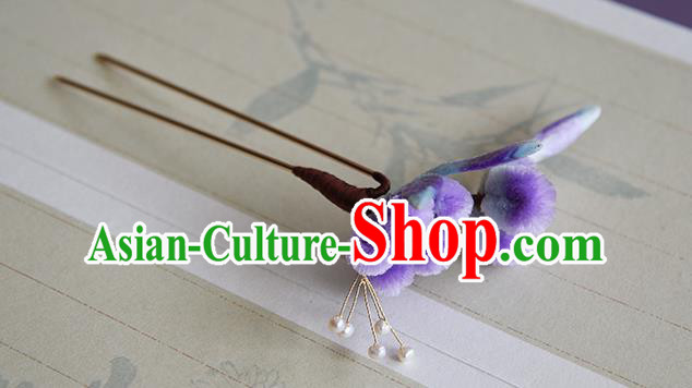 Chinese Handmade Purple Velvet Plum Blossom Hair Stick Traditional Hanfu Hairpin Headwear