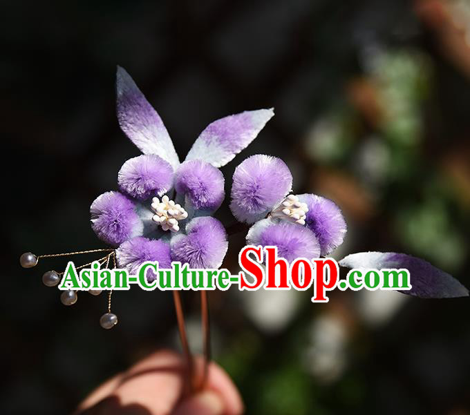 Chinese Handmade Purple Velvet Plum Blossom Hair Stick Traditional Hanfu Hairpin Headwear