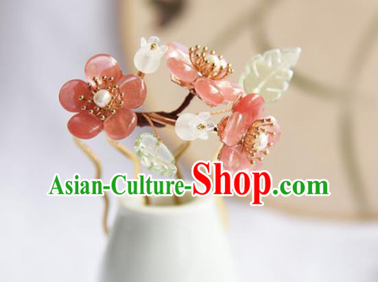 Chinese Ancient Young Beauty Hairpin Traditional Ming Dynasty Pink Plum Blossom Hair Stick