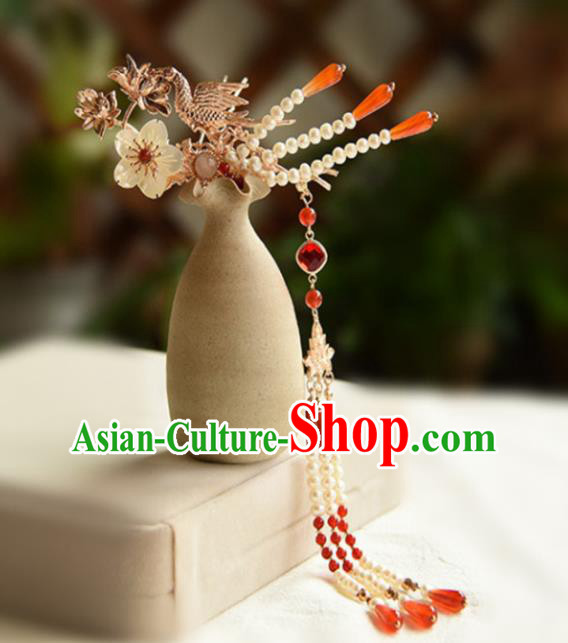 Chinese Ancient Princess Agate Tassel Hairpin Traditional Ming Dynasty Golden Phoenix Lotus Hair Stick