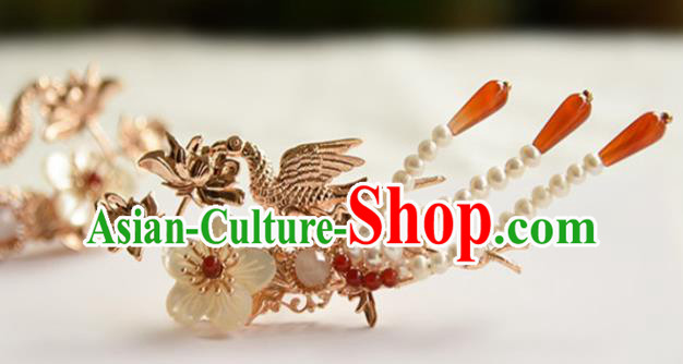 Chinese Ancient Princess Agate Tassel Hairpin Traditional Ming Dynasty Golden Phoenix Lotus Hair Stick