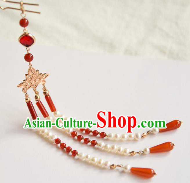 Chinese Ancient Princess Agate Tassel Hairpin Traditional Ming Dynasty Golden Phoenix Lotus Hair Stick