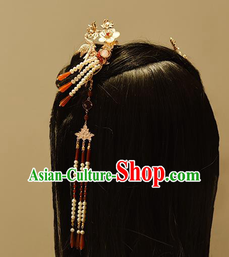 Chinese Ancient Princess Agate Tassel Hairpin Traditional Ming Dynasty Golden Phoenix Lotus Hair Stick