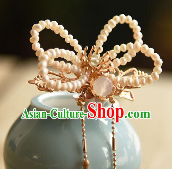 Chinese Ancient Hanfu Tassel Hairpin Traditional Ming Dynasty Princess Pearls Hair Claw