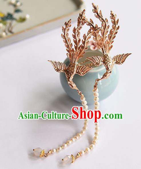 Chinese Ancient Hanfu Pearls Tassel Hairpin Traditional Ming Dynasty Princess Golden Phoenix Hair Stick
