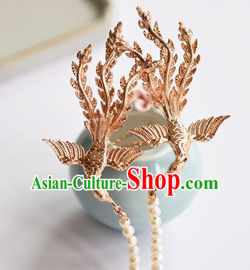 Chinese Ancient Hanfu Pearls Tassel Hairpin Traditional Ming Dynasty Princess Golden Phoenix Hair Stick
