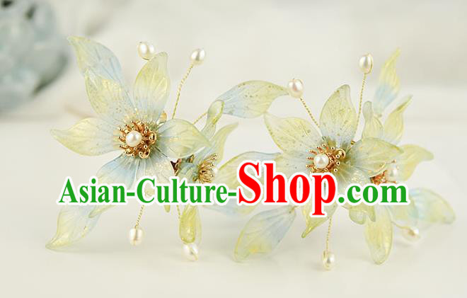 Chinese Traditional Ming Dynasty Princess Green Flowers Hair Stick Ancient Palace Lady Pearls Hairpin