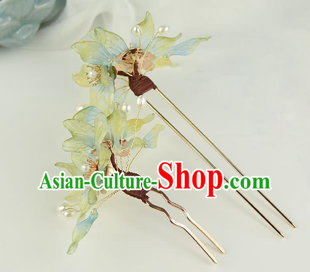 Chinese Traditional Ming Dynasty Princess Green Flowers Hair Stick Ancient Palace Lady Pearls Hairpin