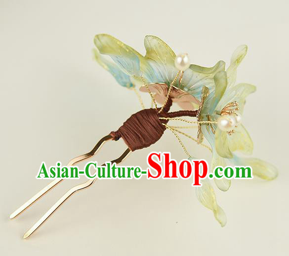 Chinese Traditional Ming Dynasty Princess Green Flowers Hair Stick Ancient Palace Lady Pearls Hairpin