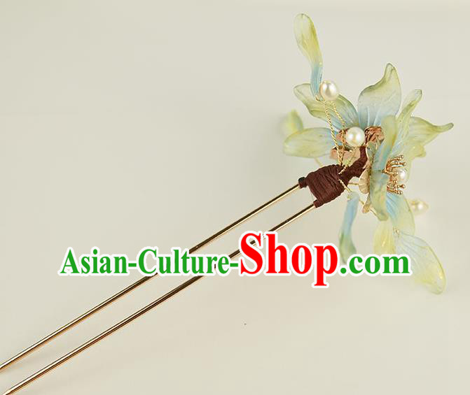 Chinese Traditional Ming Dynasty Princess Green Flowers Hair Stick Ancient Palace Lady Pearls Hairpin