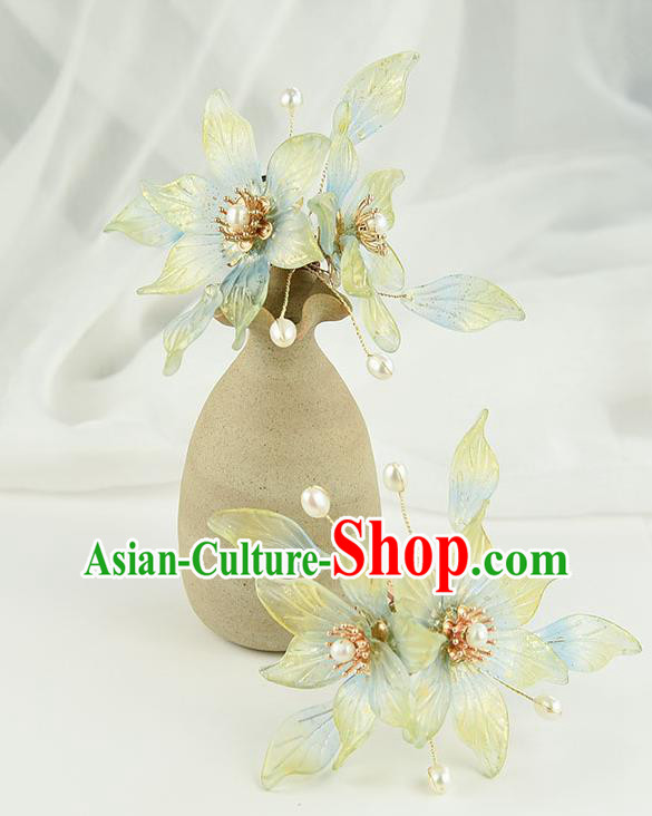 Chinese Traditional Ming Dynasty Princess Green Flowers Hair Stick Ancient Palace Lady Pearls Hairpin