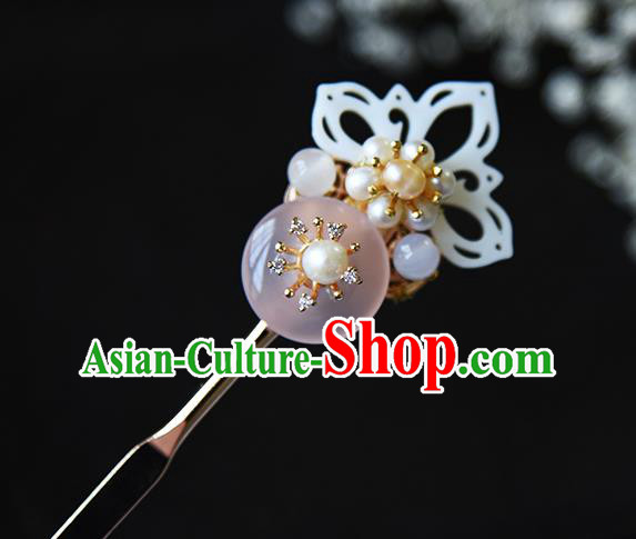 Chinese Traditional Ming Dynasty Shell Lotus Hair Stick Ancient Princess Pearls Hairpin