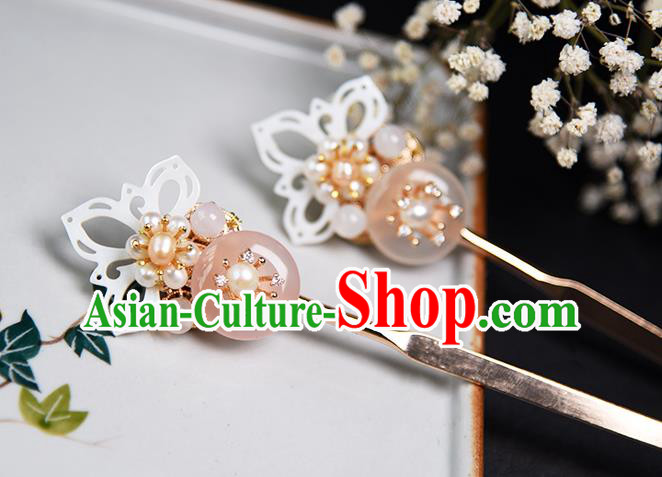 Chinese Traditional Ming Dynasty Shell Lotus Hair Stick Ancient Princess Pearls Hairpin