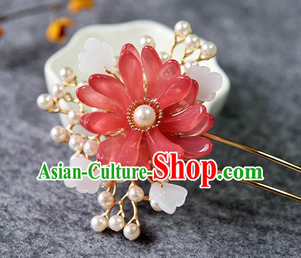 Chinese Traditional Song Dynasty Palace Lady Hair Stick Ancient Princess Red Chrysanthemum Hairpin