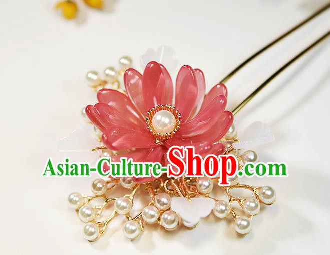 Chinese Traditional Song Dynasty Palace Lady Hair Stick Ancient Princess Red Chrysanthemum Hairpin