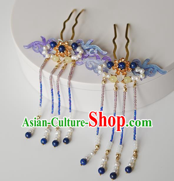 Chinese Traditional Hanfu Purple Shell Hair Comb Ancient Fairy Princess Beads Tassel Hairpin
