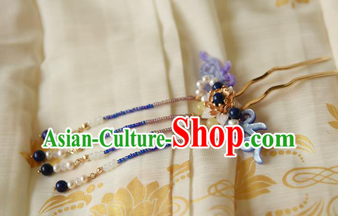 Chinese Traditional Hanfu Purple Shell Hair Comb Ancient Fairy Princess Beads Tassel Hairpin