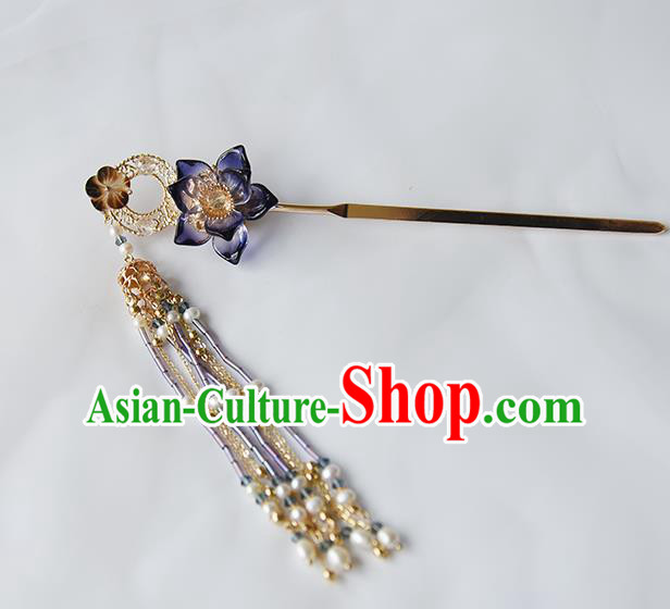 Chinese Traditional Ming Dynasty Pearls Tassel Hair Stick Ancient Princess Purple Lotus Hairpin