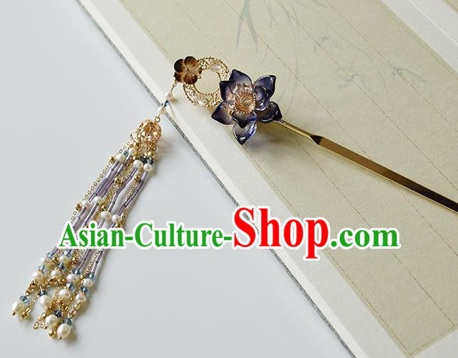 Chinese Traditional Ming Dynasty Pearls Tassel Hair Stick Ancient Princess Purple Lotus Hairpin