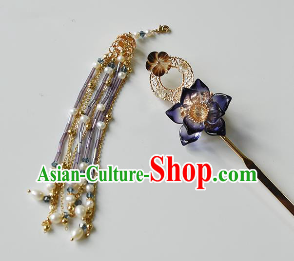 Chinese Traditional Ming Dynasty Pearls Tassel Hair Stick Ancient Princess Purple Lotus Hairpin