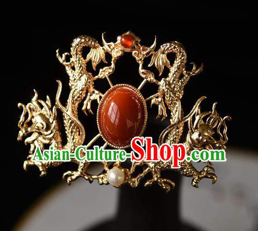 Chinese Traditional Ming Dynasty Golden Dragons Hair Crown Ancient Court Empress Hairpin