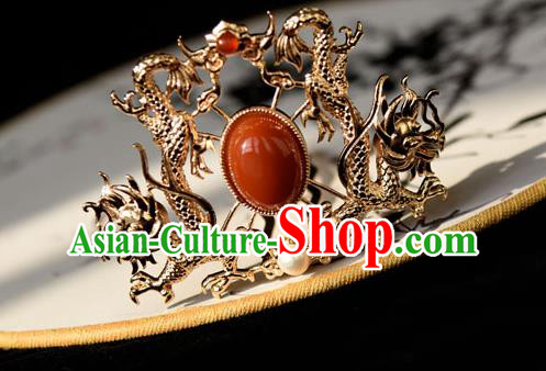 Chinese Traditional Ming Dynasty Golden Dragons Hair Crown Ancient Court Empress Hairpin