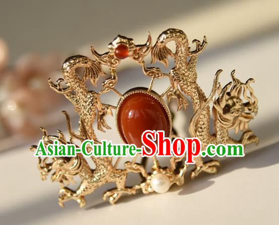 Chinese Traditional Ming Dynasty Golden Dragons Hair Crown Ancient Court Empress Hairpin