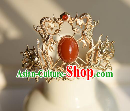 Chinese Traditional Ming Dynasty Golden Dragons Hair Crown Ancient Court Empress Hairpin