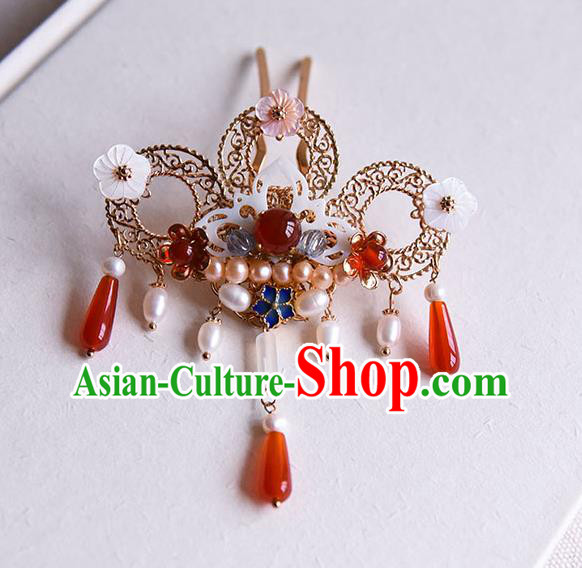 Chinese Traditional Wedding Pearls Hair Stick Ancient Court Princess Shell Lotus Hairpin