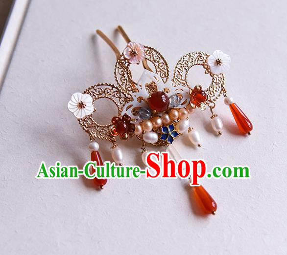 Chinese Traditional Wedding Pearls Hair Stick Ancient Court Princess Shell Lotus Hairpin