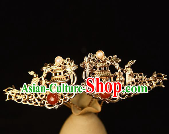 Chinese Ancient Court Woman Hairpin Traditional Ming Dynasty Empress Golden Moon Palace Hair Stick