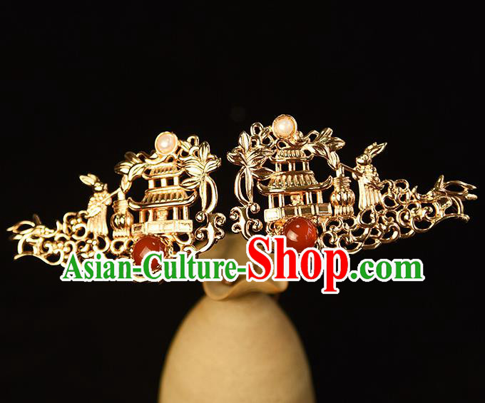 Chinese Ancient Court Woman Hairpin Traditional Ming Dynasty Empress Golden Moon Palace Hair Stick