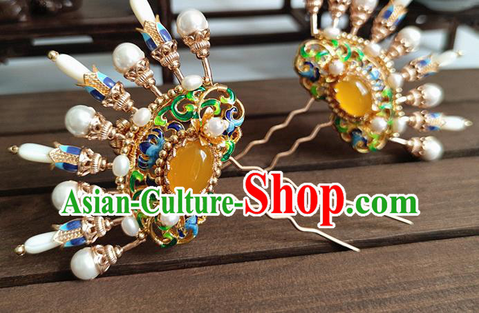 Chinese Traditional Ming Dynasty Princess Pearls Hair Stick Ancient Palace Lady Cloisonne Jade Hairpin