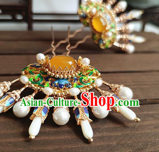 Chinese Traditional Ming Dynasty Princess Pearls Hair Stick Ancient Palace Lady Cloisonne Jade Hairpin