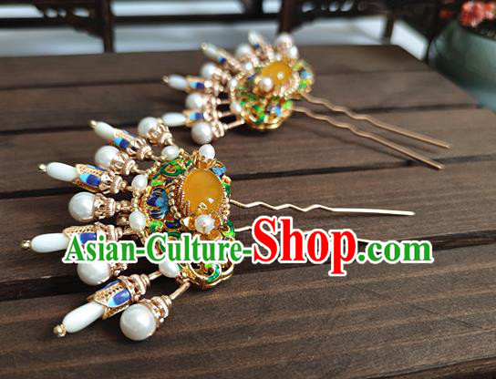 Chinese Traditional Ming Dynasty Princess Pearls Hair Stick Ancient Palace Lady Cloisonne Jade Hairpin