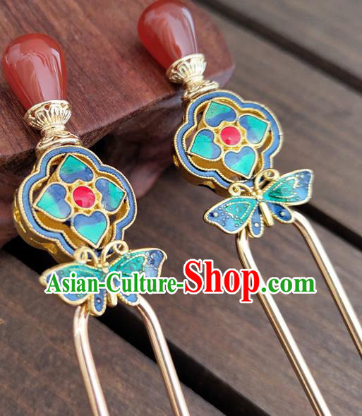Chinese Traditional Hanfu Agate Hair Stick Ancient Palace Princess Cloisonne Butterfly Hairpin