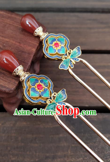 Chinese Traditional Hanfu Agate Hair Stick Ancient Palace Princess Cloisonne Butterfly Hairpin