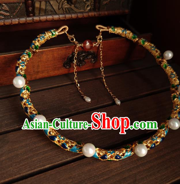 China Classical Ancient Court Woman Pearls Necklace Traditional Ming Dynasty Cloisonne Necklet Accessories