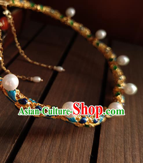 China Classical Ancient Court Woman Pearls Necklace Traditional Ming Dynasty Cloisonne Necklet Accessories