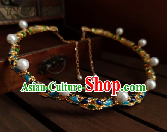 China Classical Ancient Court Woman Pearls Necklace Traditional Ming Dynasty Cloisonne Necklet Accessories
