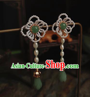 China Handmade Ancient Princess Pearls Earrings Jewelry Traditional Ming Dynasty Jade Mangnolia Ear Accessories