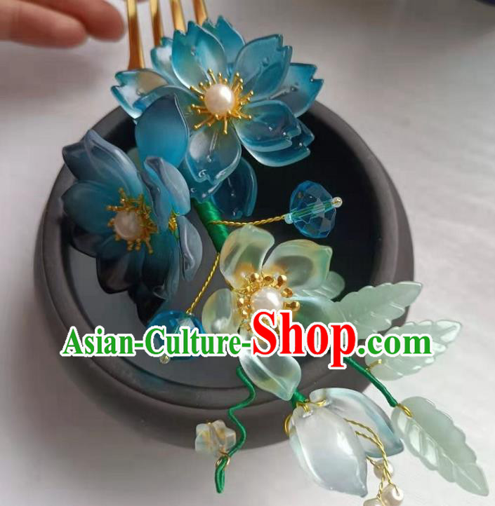 Chinese Ancient Palace Lady Hairpin Traditional Ming Dynasty Princess Blue Lotus Hair Stick