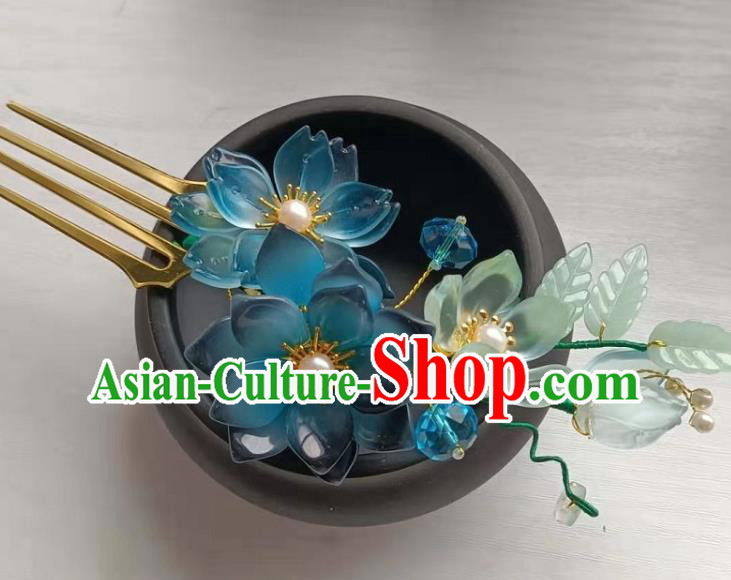 Chinese Ancient Palace Lady Hairpin Traditional Ming Dynasty Princess Blue Lotus Hair Stick
