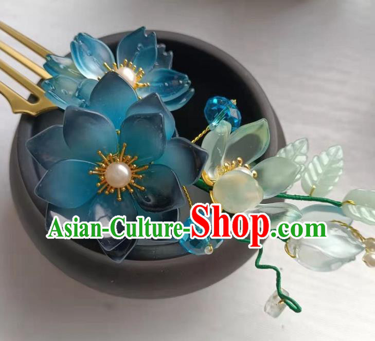 Chinese Ancient Palace Lady Hairpin Traditional Ming Dynasty Princess Blue Lotus Hair Stick