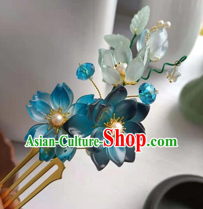 Chinese Ancient Palace Lady Hairpin Traditional Ming Dynasty Princess Blue Lotus Hair Stick