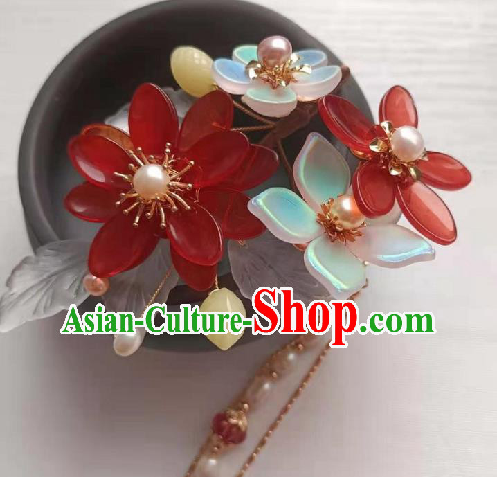 Chinese Hanfu Hair Accessories Traditional Ming Dynasty Red Flowers Hair Stick Ancient Patrician Lady Hairpin