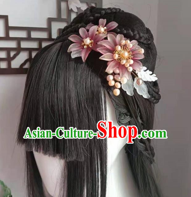 Chinese Ancient Princess Purple Chrysanthemum Hairpin Traditional Ming Dynasty Hanfu Pearls Hair Comb